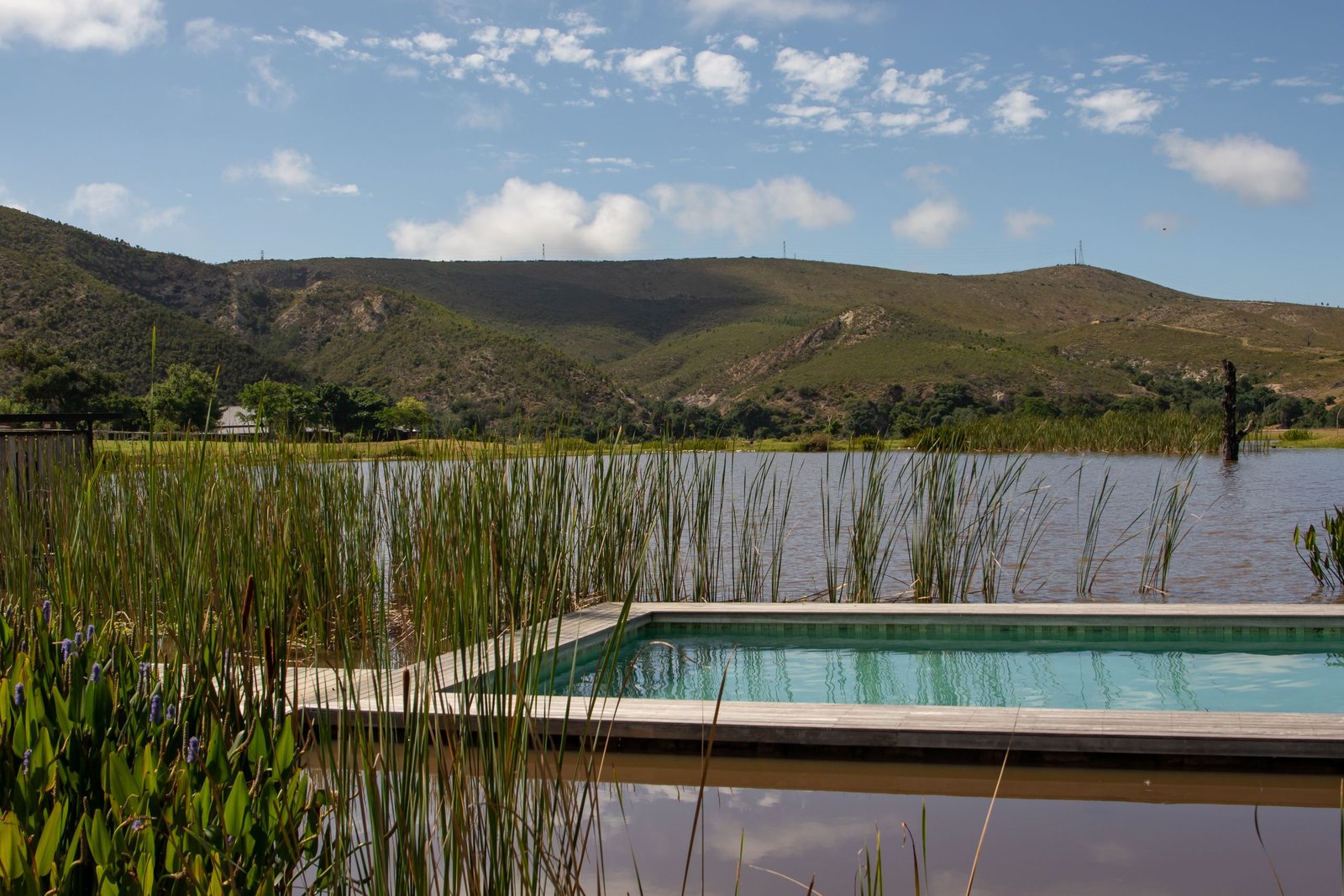 A serene countryside view with a swimming pool and green hills under a blue sky.